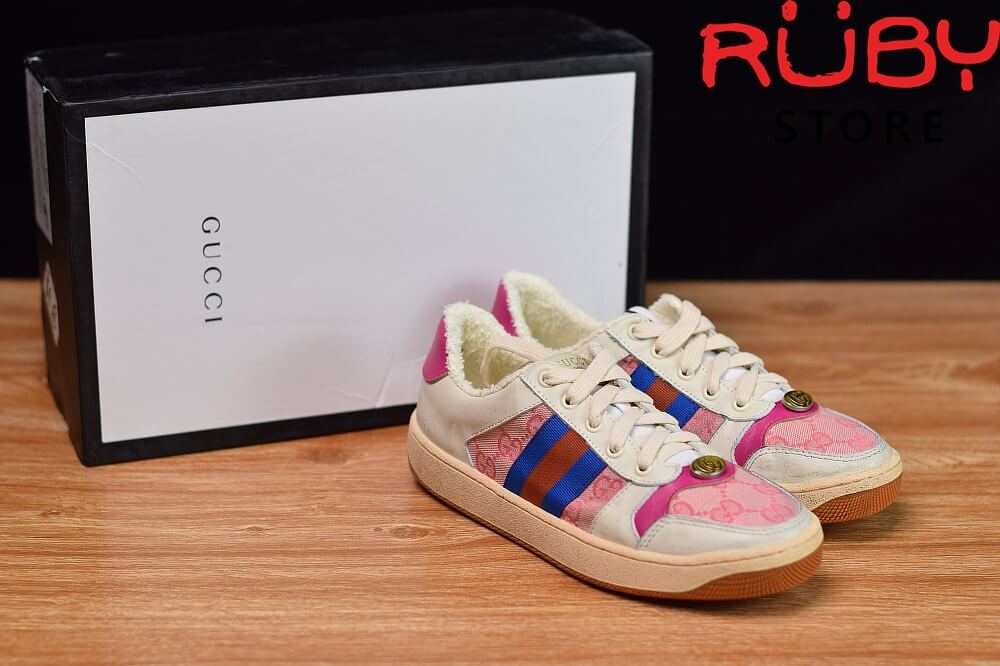Giày-Gucci-Screener-Leather-Sneaker-Replica-1.1- (Trắng-hồng ) 2019 (1)