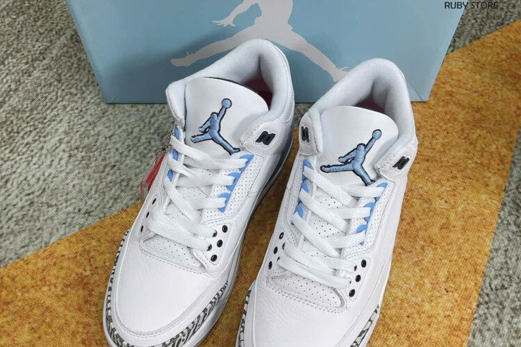 Hình ảnh thực tế giày Jordan 3 UNC trắng xanh Rep 1 1 tại Ruby Store