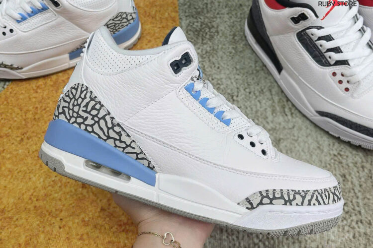 Hình ảnh thực tế giày Jordan 3 UNC trắng xanh Rep 1 1 tại Ruby Store