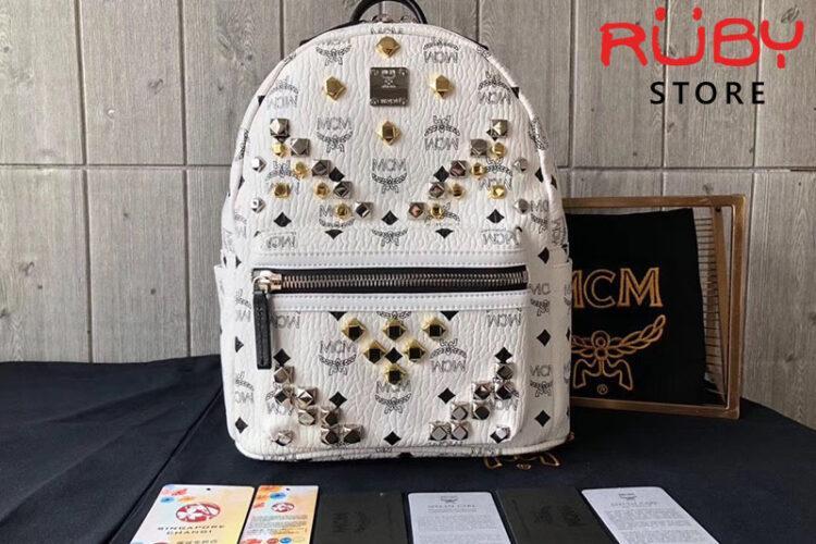 Ba Lô MCM Retro M Studs Stark Backpack in Visetos Trắng Siêu Cấp - 40cm