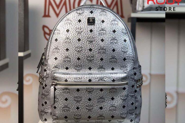 Ba Lô MCM Stark Side Studs Backpack in Visetos Bạc Siêu Cấp - (Size 40cm)