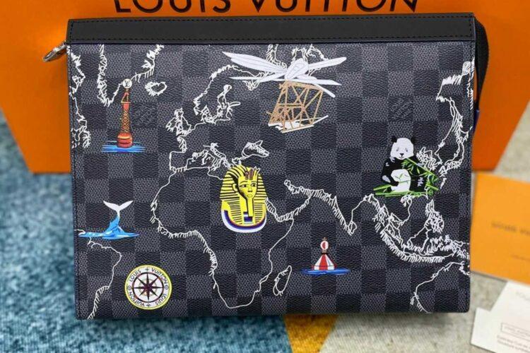 Túi LV Pochette Voyage Damier Graphite Map MM Grey/Black