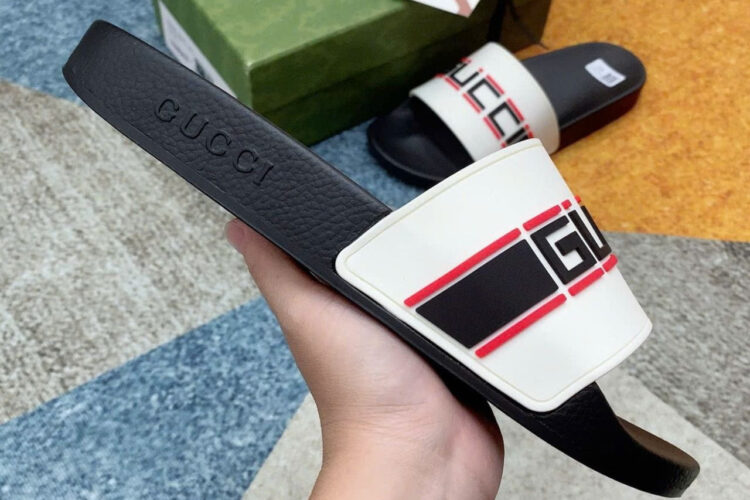 Dép Gucci Stripe Rubber Slide Trắng Đen Đỏ