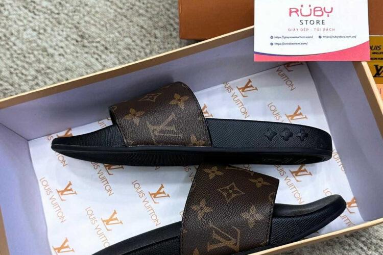 Dép LV Waterfront Mule Monogram đen Nâu