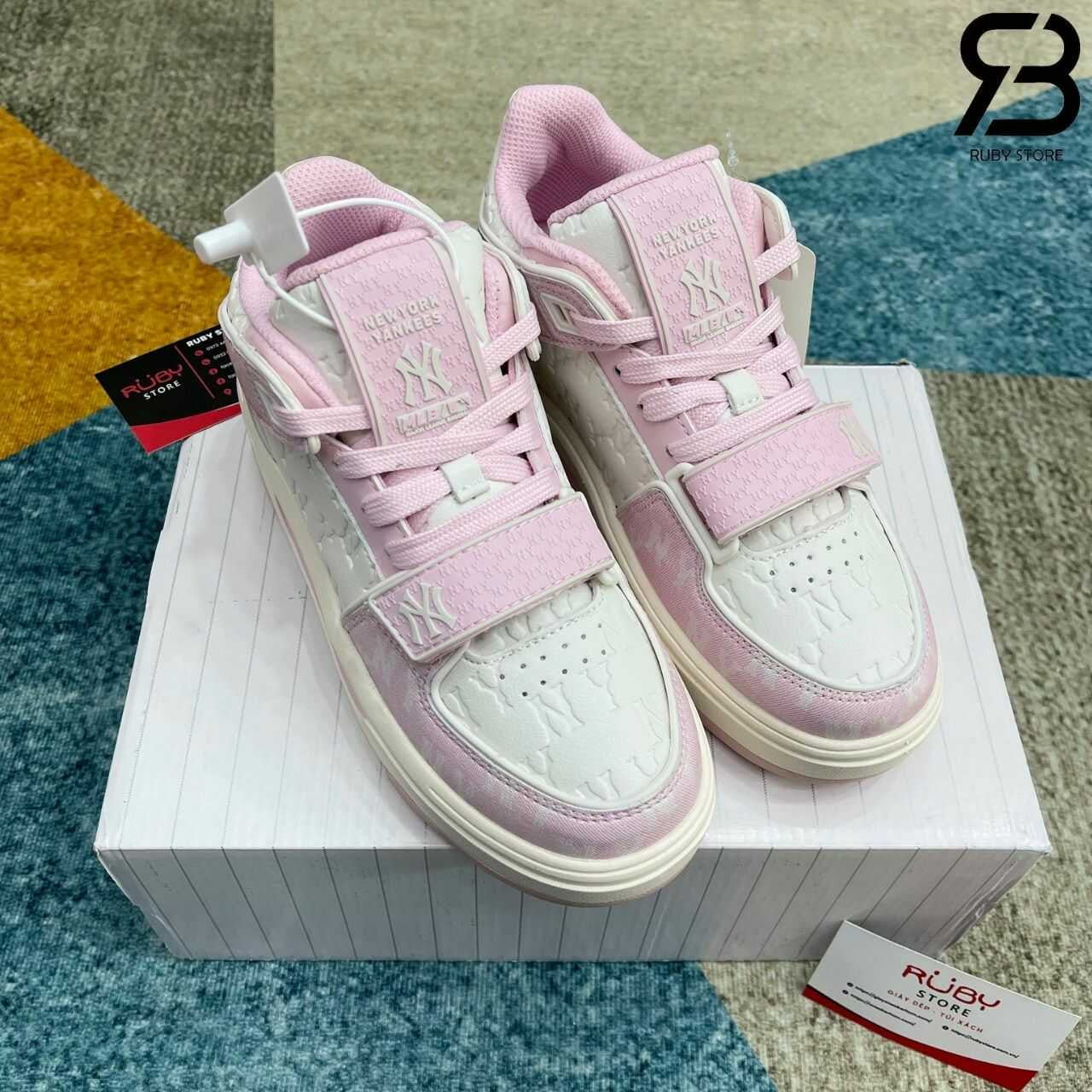 Giày MLB Chunky Liner Mid Monogram NY Pink Hồng Trắng Rep 11