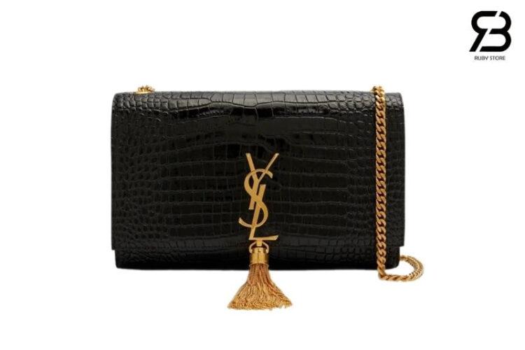 Túi YSL Kate Medium Chain Bag With Tassel In Crocodile Embossed đen khóa vàng