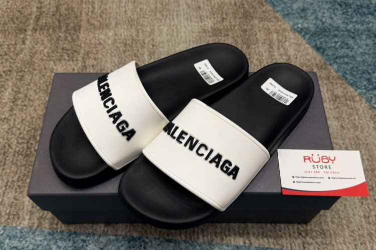 Dép Balenciaga BB Pool Slides Sandal Black White Trắng đen