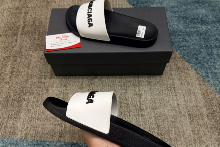 Dép Balenciaga BB Pool Slides Sandal Black White Trắng đen