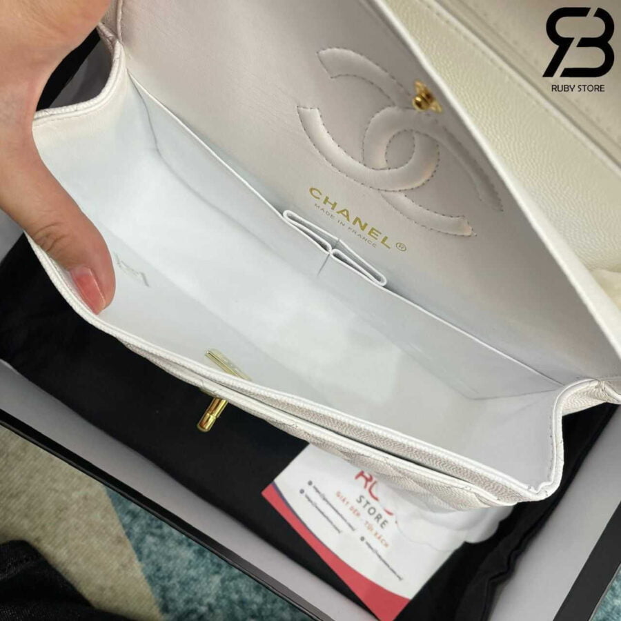 Túi Chanel Classic Small White Caviar GHW Trắng Khóa Vàng