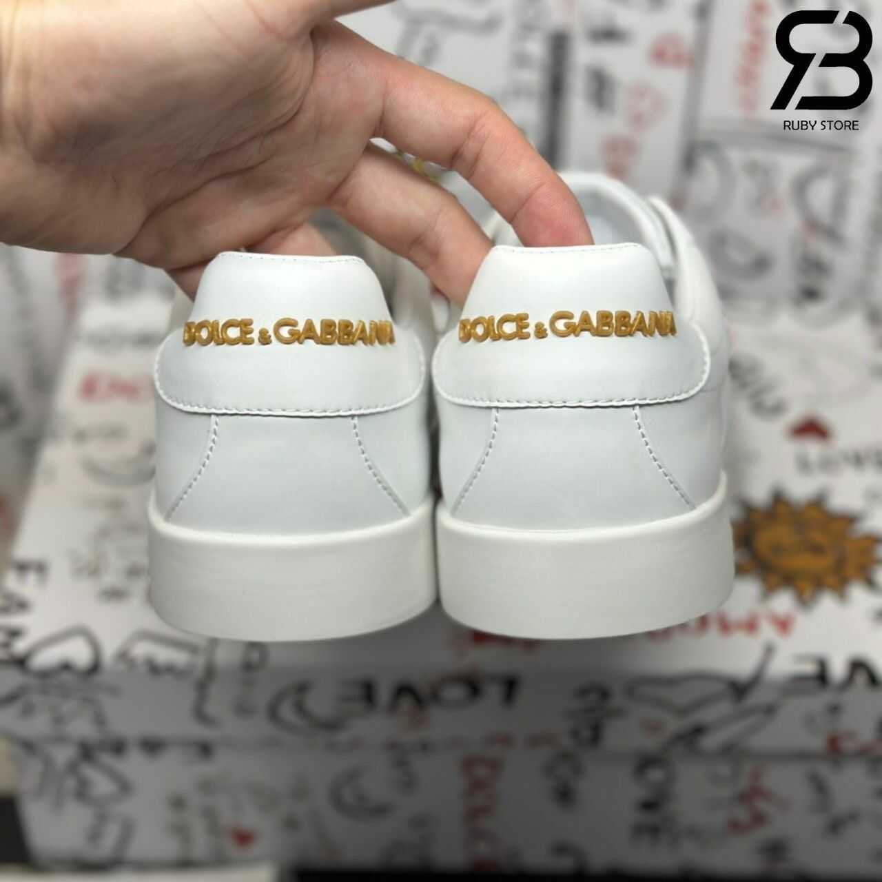 Giày Dolce & Gabbana Calfskin Portofino Branded Tag White Gold Logo