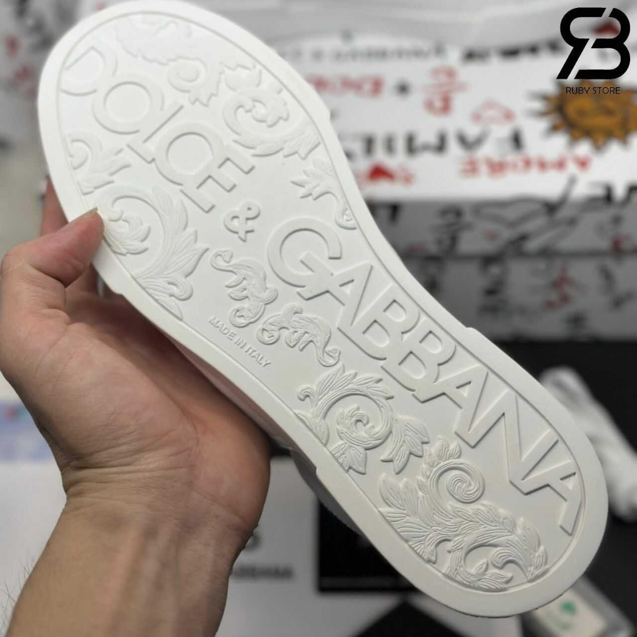 Giày Dolce & Gabbana Calfskin Portofino Branded Tag White Gold Logo