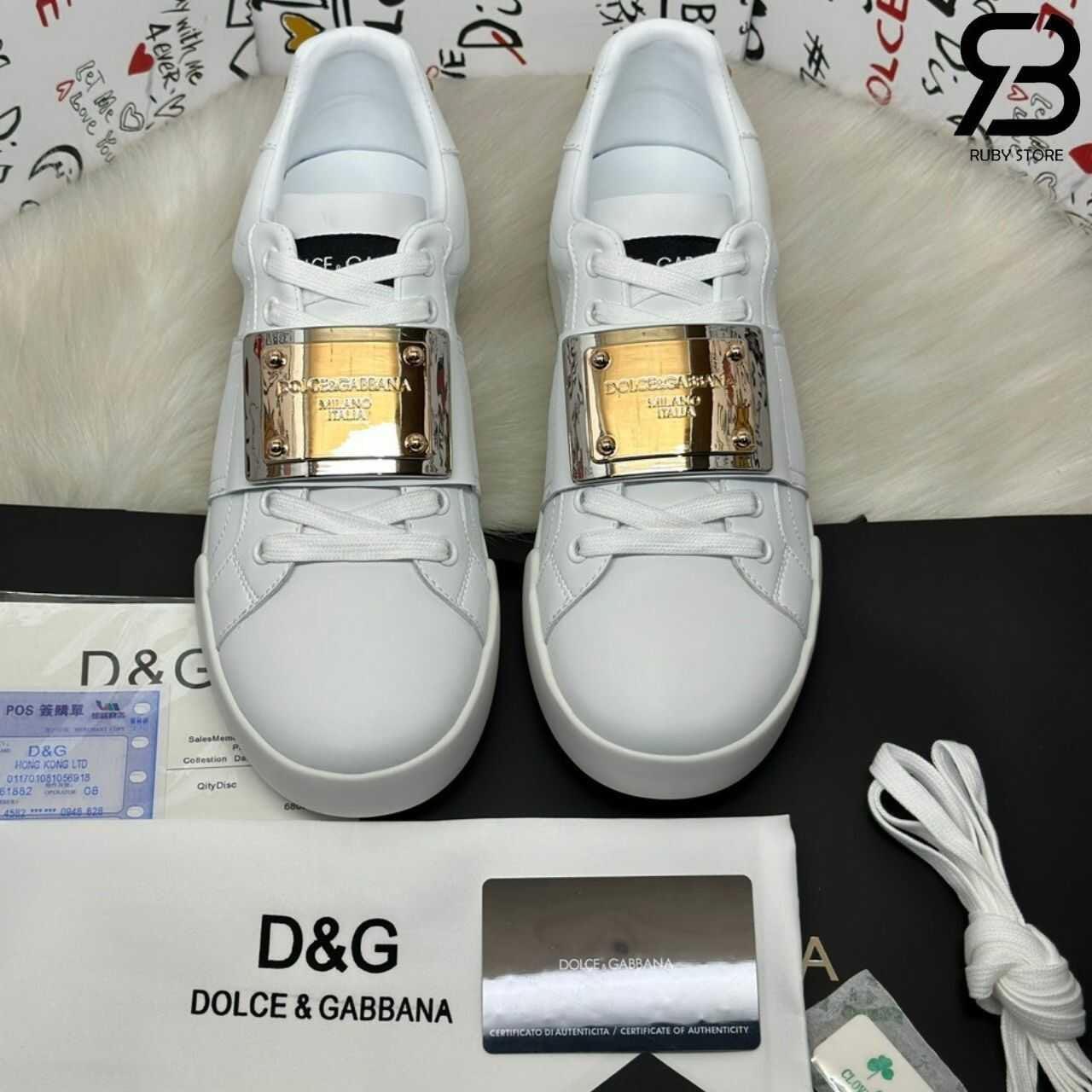Giày Dolce & Gabbana Calfskin Portofino Branded Tag White Gold Logo