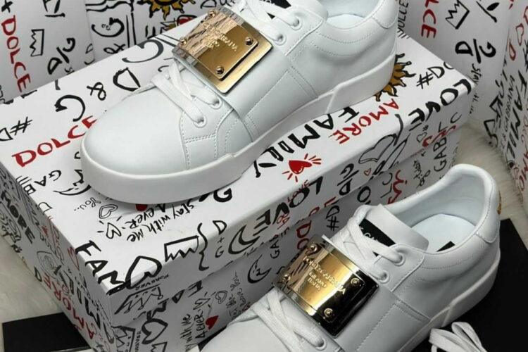 Giày Dolce & Gabbana Calfskin Portofino Branded Tag White Gold Logo