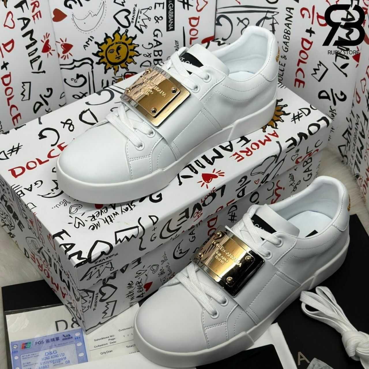Giày Dolce & Gabbana Calfskin Portofino Branded Tag White Gold Logo
