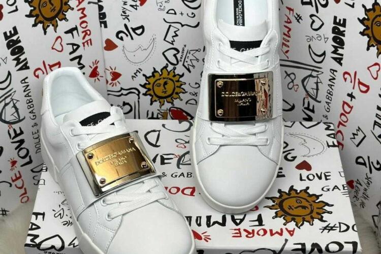 Giày Dolce & Gabbana Calfskin Portofino Branded Tag White Gold Logo