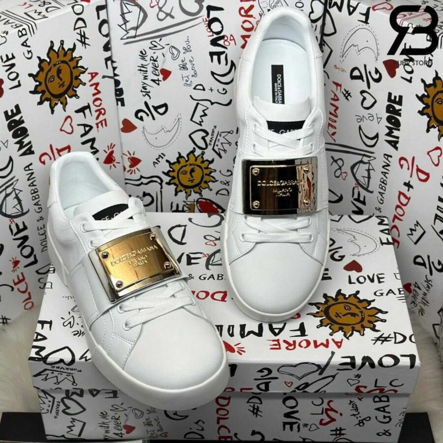 Giày Dolce & Gabbana Calfskin Portofino Branded Tag White Gold Logo