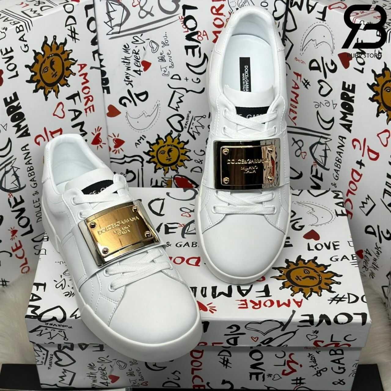 Giày Dolce & Gabbana Calfskin Portofino Branded Tag White Gold Logo