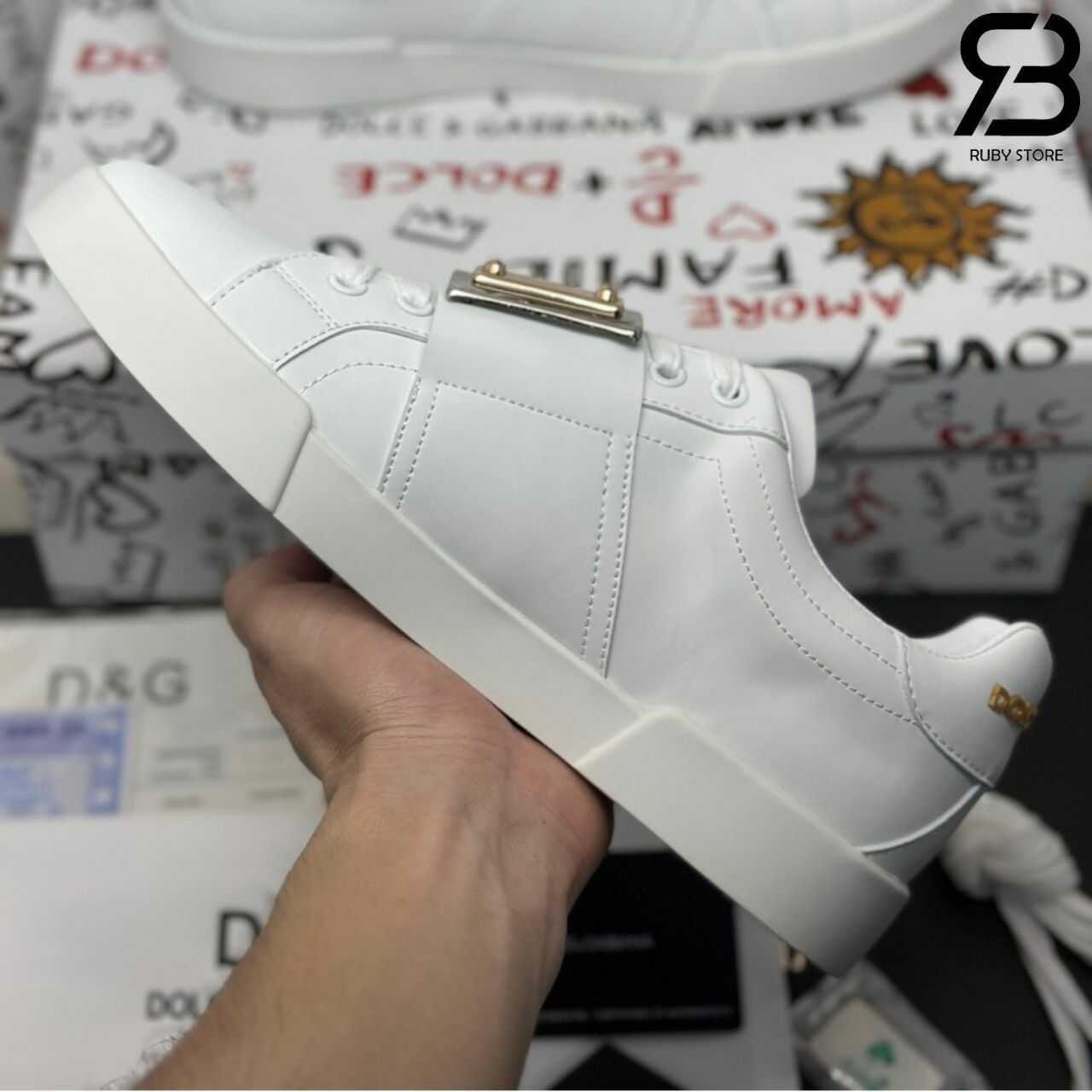 Giày Dolce & Gabbana Calfskin Portofino Branded Tag White Gold Logo