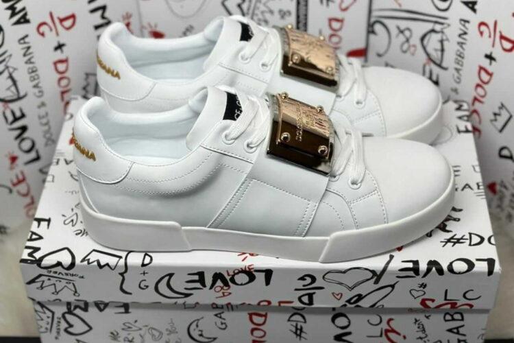 Giày Dolce & Gabbana Calfskin Portofino Branded Tag White Gold Logo
