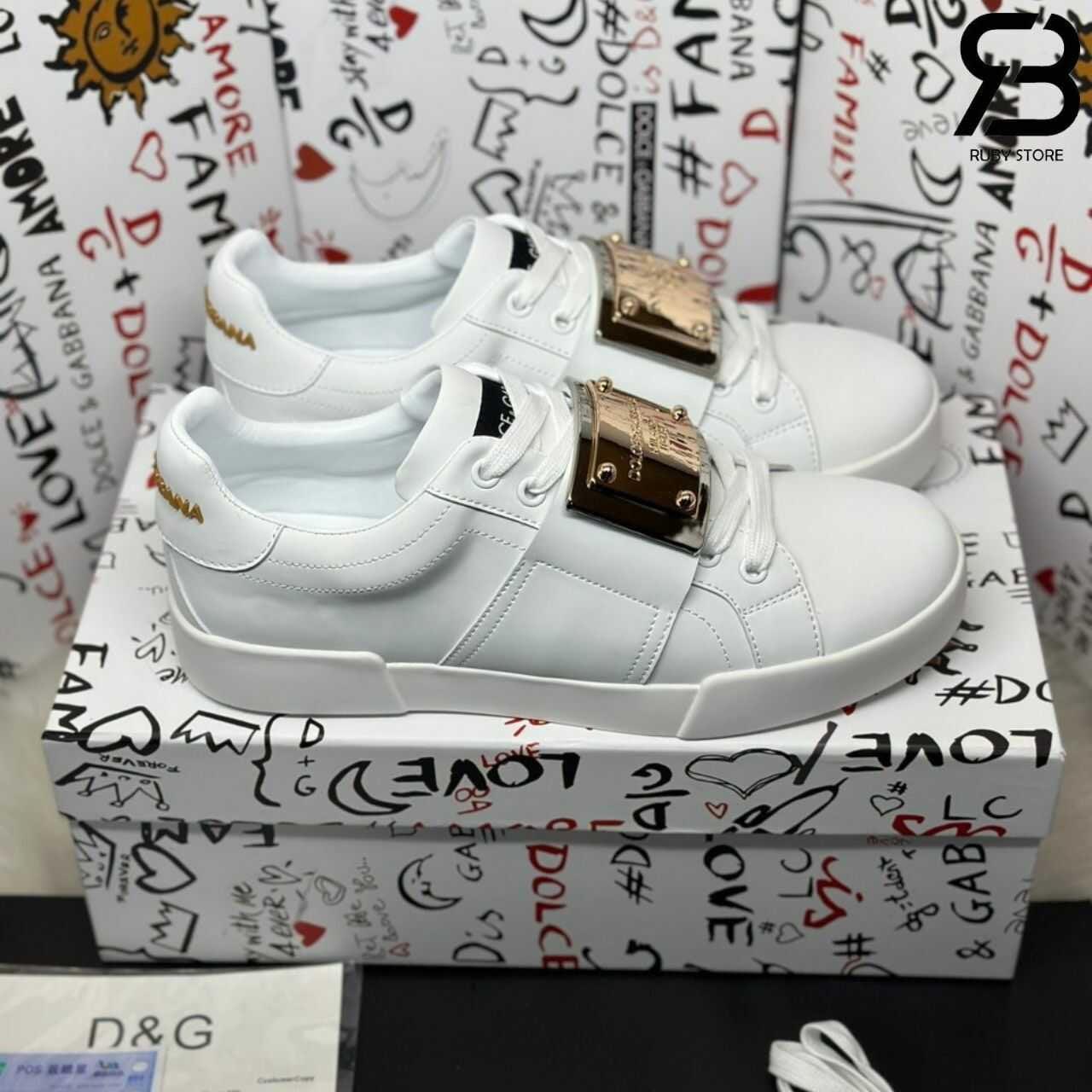 Giày Dolce & Gabbana Calfskin Portofino Branded Tag White Gold Logo
