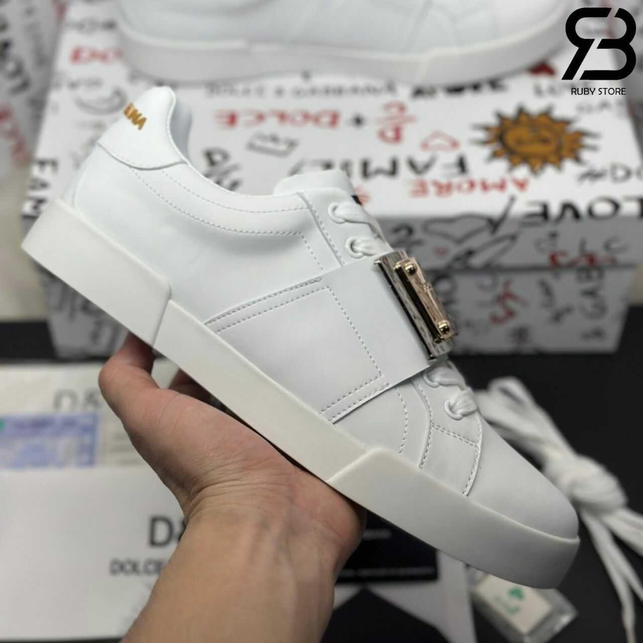 Giày Dolce & Gabbana Calfskin Portofino Branded Tag White Gold Logo