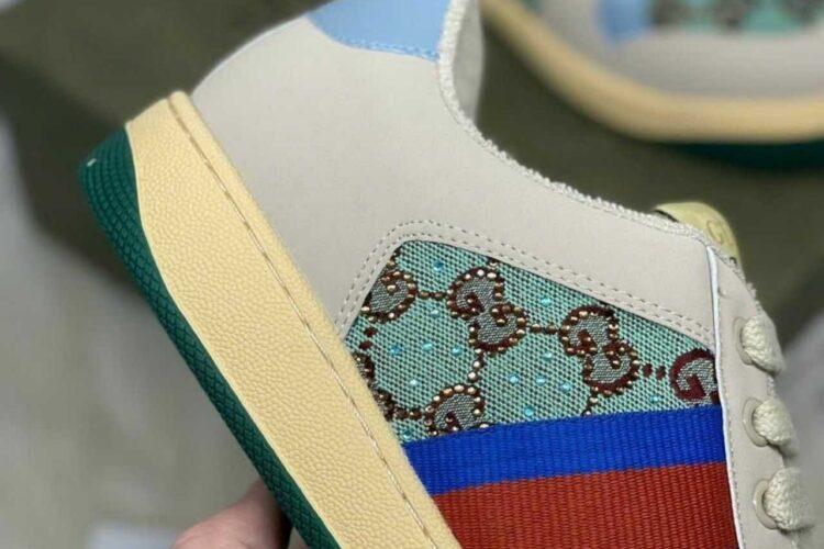 Giày Gucci Screener Blue and Brown Crystal Màu Be Xanh Dương
