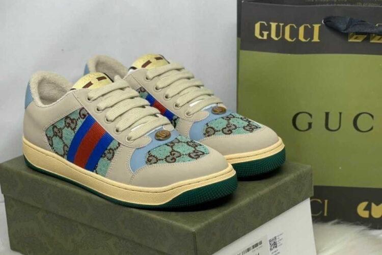 Giày Gucci Screener Blue and Brown Crystal Màu Be Xanh Dương