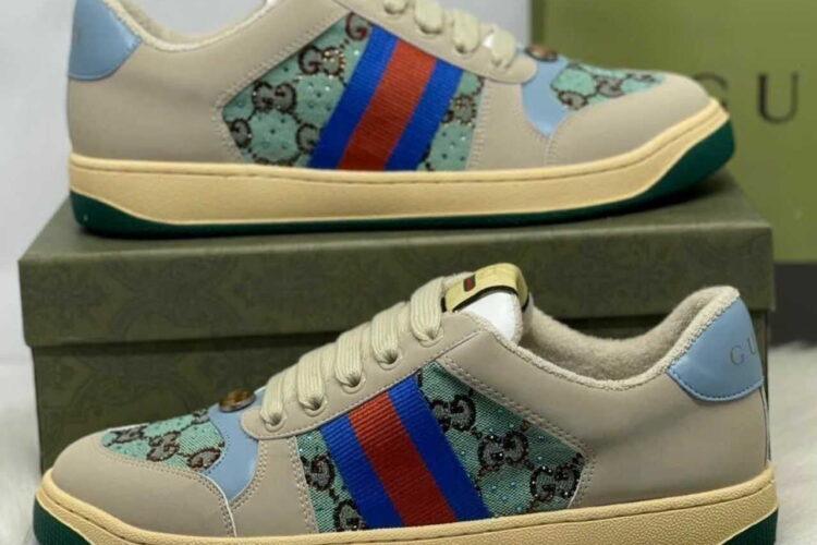 Giày Gucci Screener Blue and Brown Crystal Màu Be Xanh Dương
