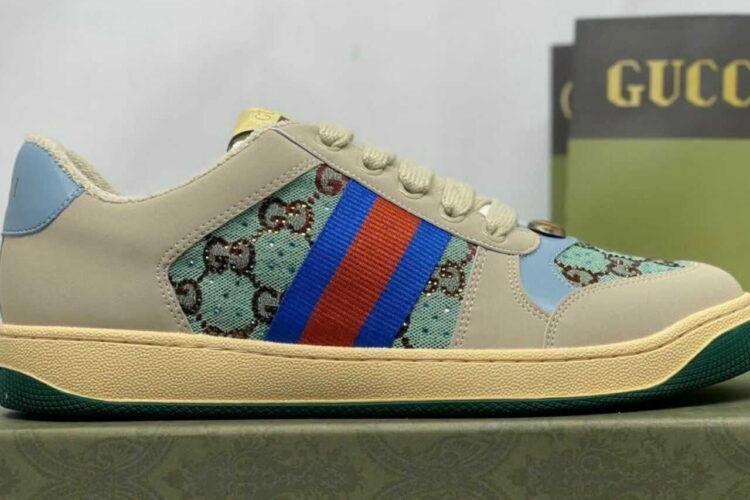 Giày Gucci Screener Blue and Brown Crystal Màu Be Xanh Dương