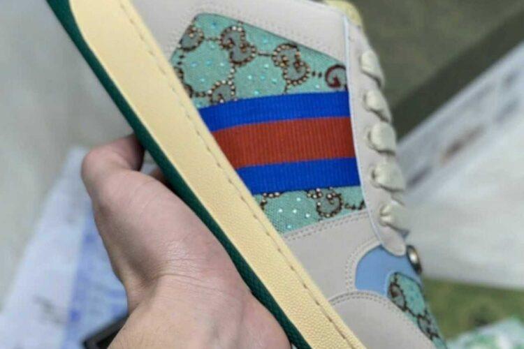 Giày Gucci Screener Blue and Brown Crystal Màu Be Xanh Dương