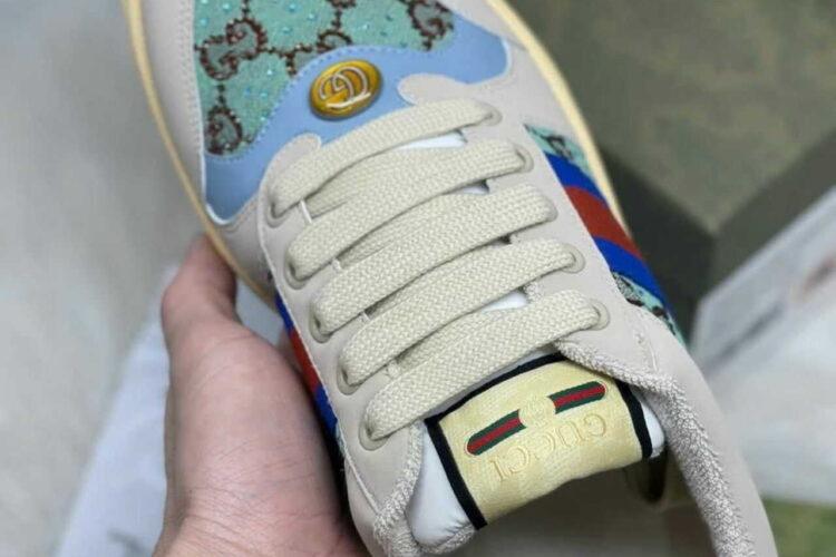 Giày Gucci Screener Blue and Brown Crystal Màu Be Xanh Dương