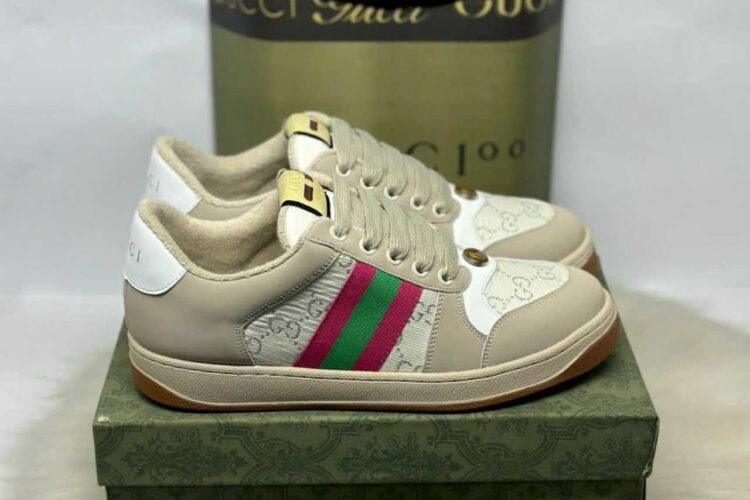 Giày Gucci Screener White GG Lame Màu Be Trắng Hồng