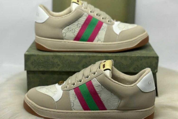 Giày Gucci Screener White GG Lame Màu Be Trắng Hồng