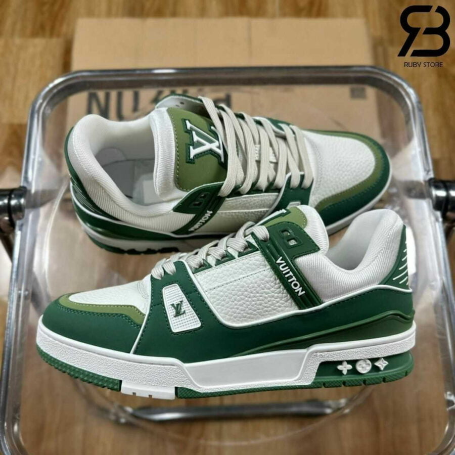 Giày Louis Vuitton LV Trainer White Kaki Green Nubuck Xanh Lá