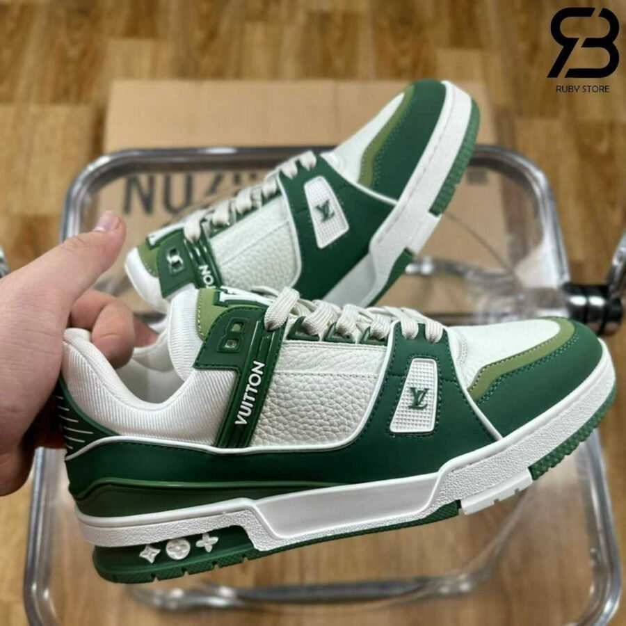 Giày Louis Vuitton LV Trainer White Kaki Green Nubuck Xanh Lá