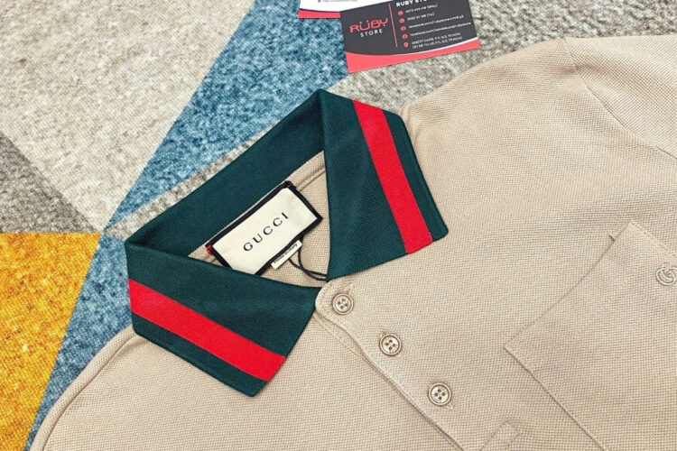 Áo Thun Gucci Cotton Piquet Polo With Web Collar Beige Màu Be