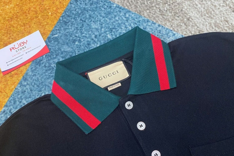 Áo Thun Gucci Cotton Piquet Polo With Web Collar Black đen