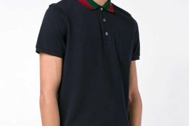 Áo Thun Gucci Cotton Piquet Polo With Web Collar Navy Xanh
