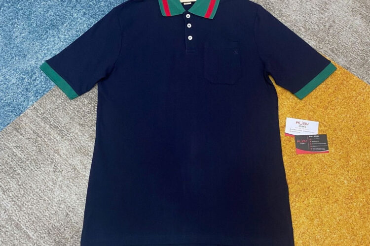 Áo Thun Gucci Cotton Piquet Polo With Web Collar Navy Xanh