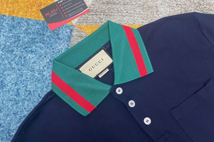 Áo Thun Gucci Cotton Piquet Polo With Web Collar Navy Xanh