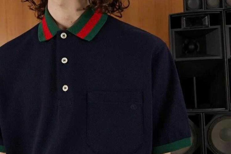 Áo Thun Gucci Cotton Piquet Polo With Web Collar Navy Xanh