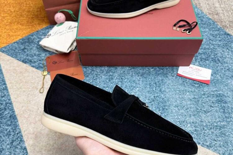 Giày Loro Piana Summer Walk Charm Loafer Black Suede đen