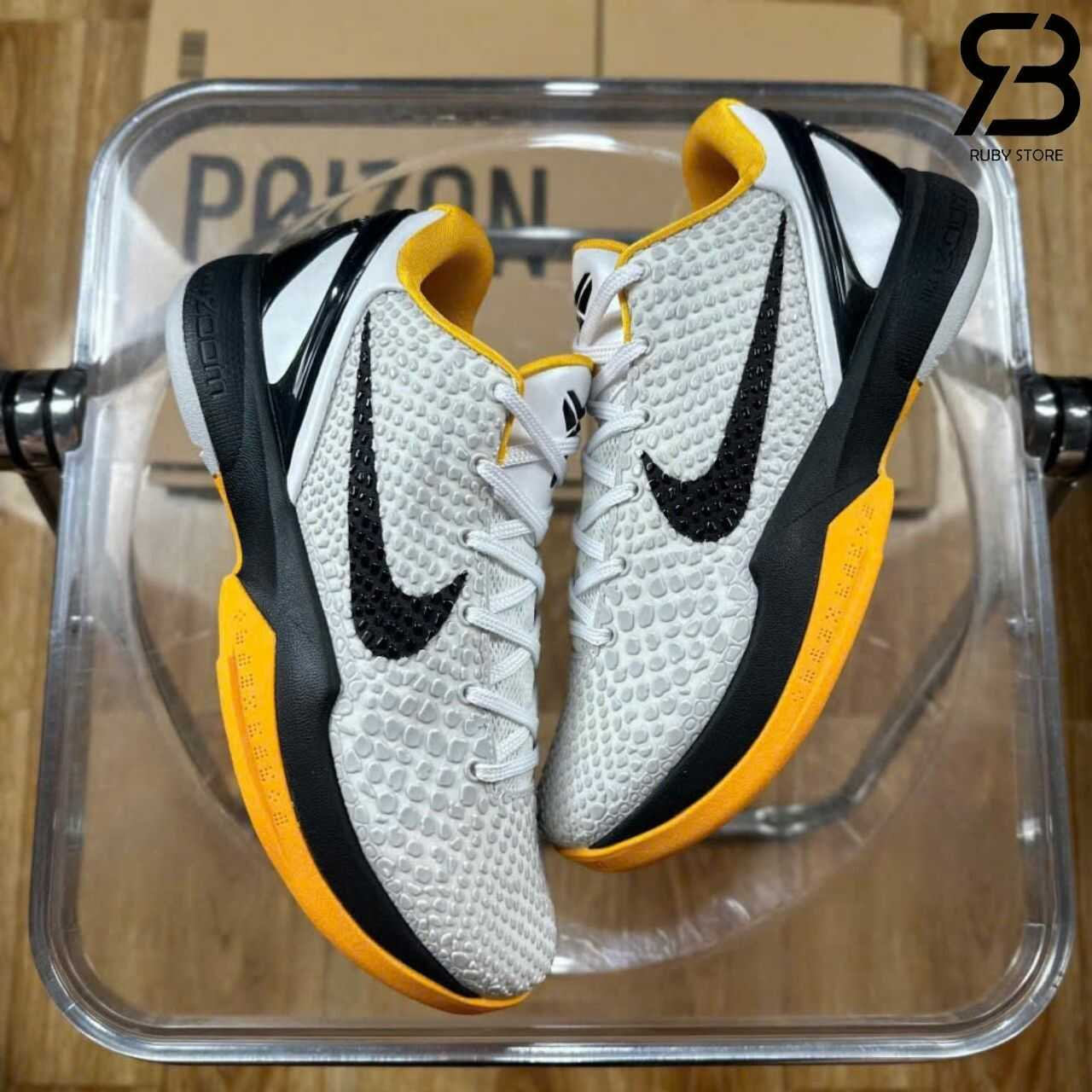 Giày Nike Zoom Kobe 6 Protro Pop Playoff Back White Del Sol Xám Vàng