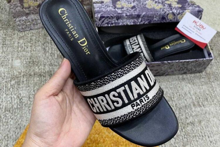 Dép Dior Dway Heeled Slide Embroidery Black Beige Màu Đen Be