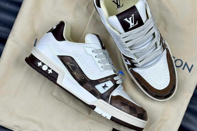 Giày LV Trainer 54 Signature Damier Ebene Canvas White Calfskin Trắng Nâu