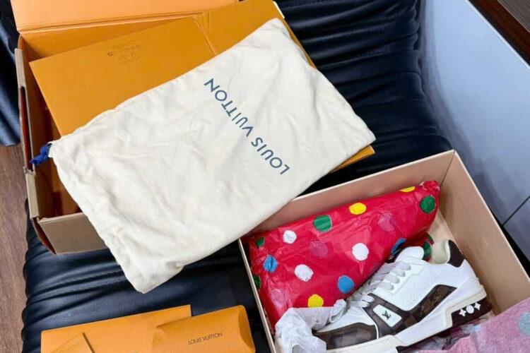 Giày LV Trainer 54 Signature Damier Ebene Canvas White Calfskin Trắng Nâu