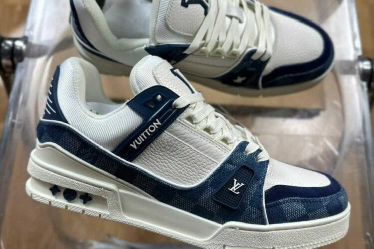 Giày LV Trainer Blue Denim Damier White Calfskin Xanh Denim