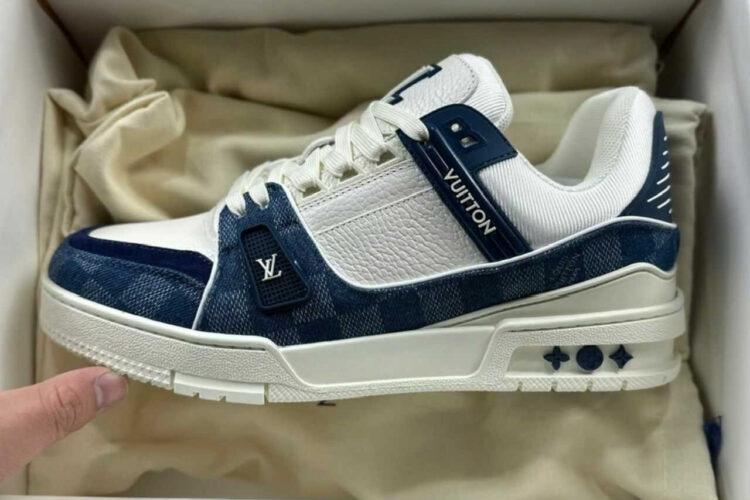 Giày LV Trainer Blue Denim Damier White Calfskin Xanh Denim