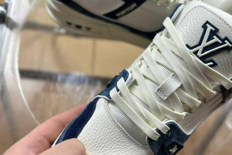 Giày LV Trainer Blue Denim Damier White Calfskin Xanh Denim