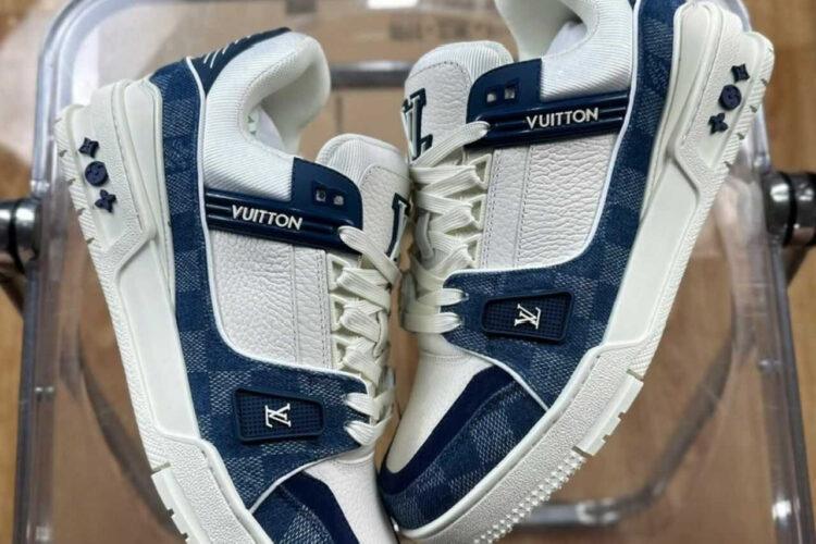 Giày LV Trainer Blue Denim Damier White Calfskin Xanh Denim